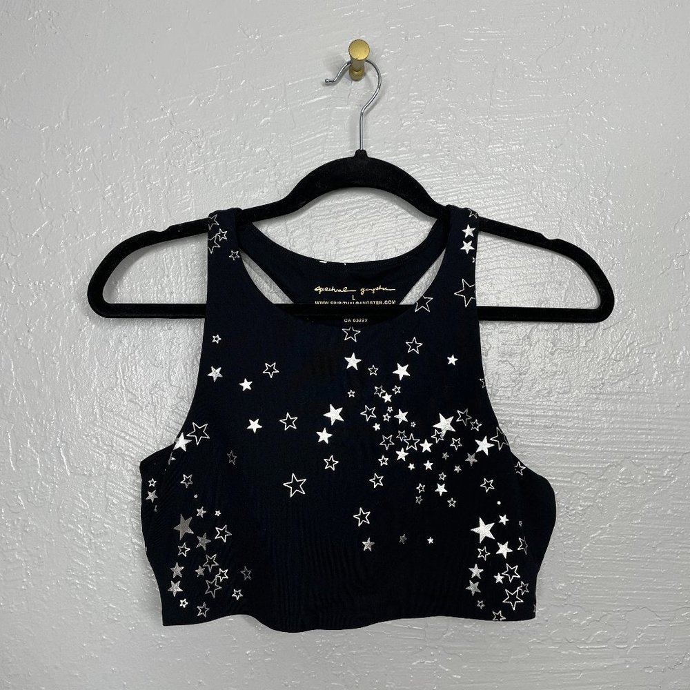 Spiritual Gangster Women L Black Silver Star Sports Bra Crop Top Racerback